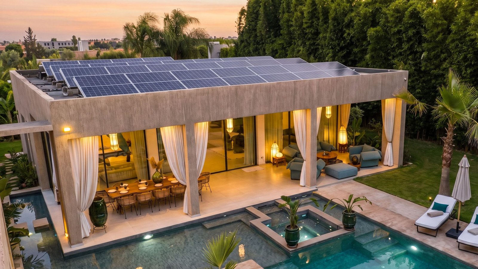 Panneaux solaires en toiture sur une villa à Marrakech