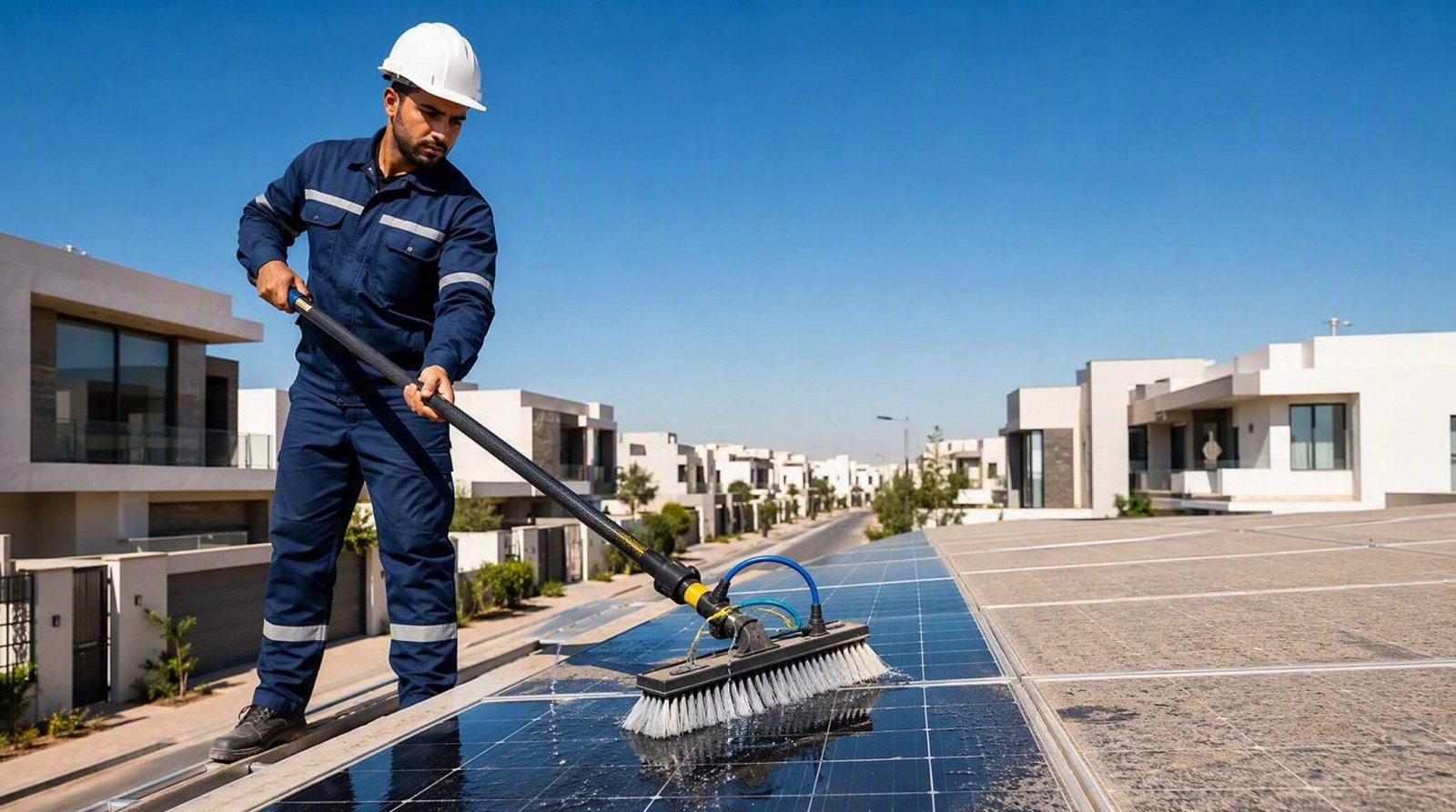 Technicien nettoyant des panneaux solaires à Marrakech
