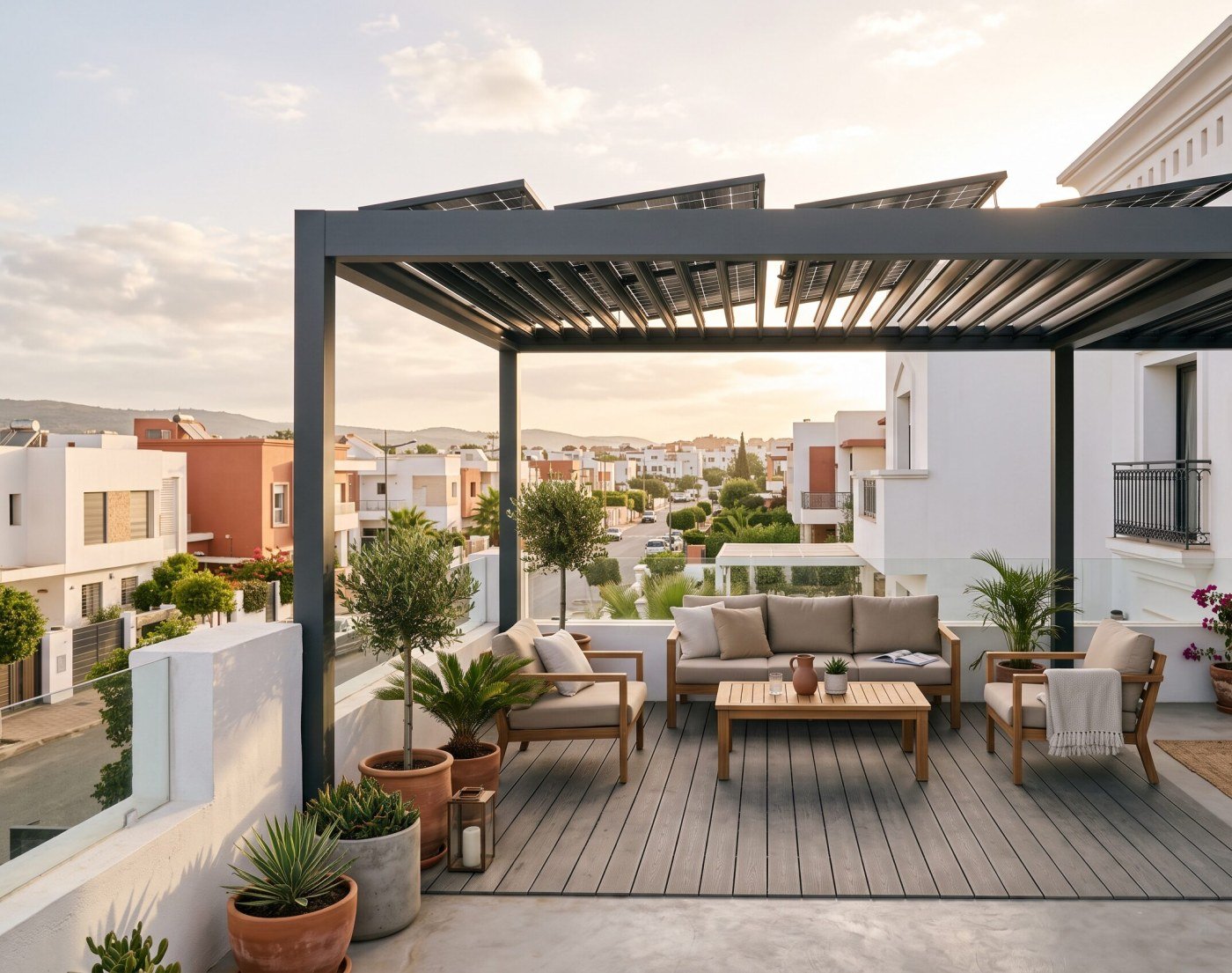 SolarFit : pergola solaire bioclimatique sur une terrasse
