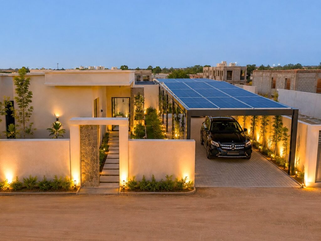 Carport solaire avec borne de recharge pour véhicule électrique devant une villa à Marrakech