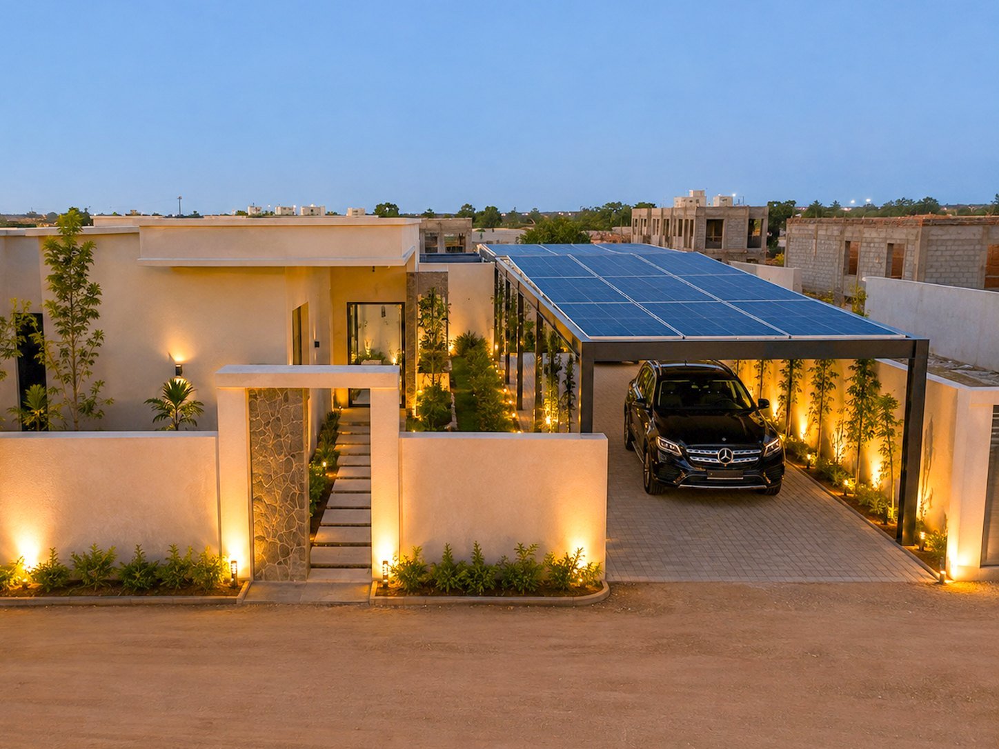 SolarPark : carport solaire avec borne de charge devant une villa